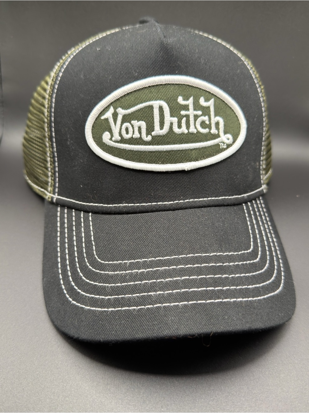 Von Dutch Black and Olive Logo Mesh Trucker Hat